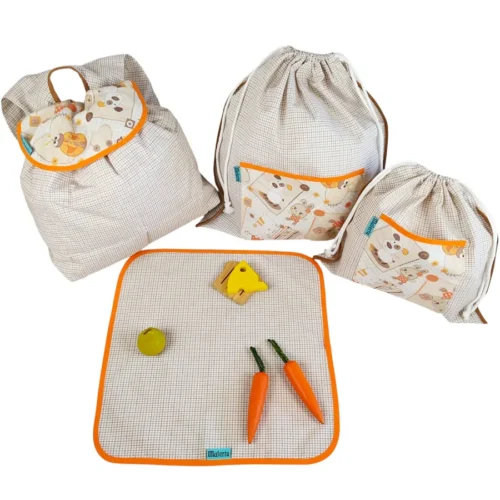 pack para la guardería con bolsas, mochila y mantel escolar