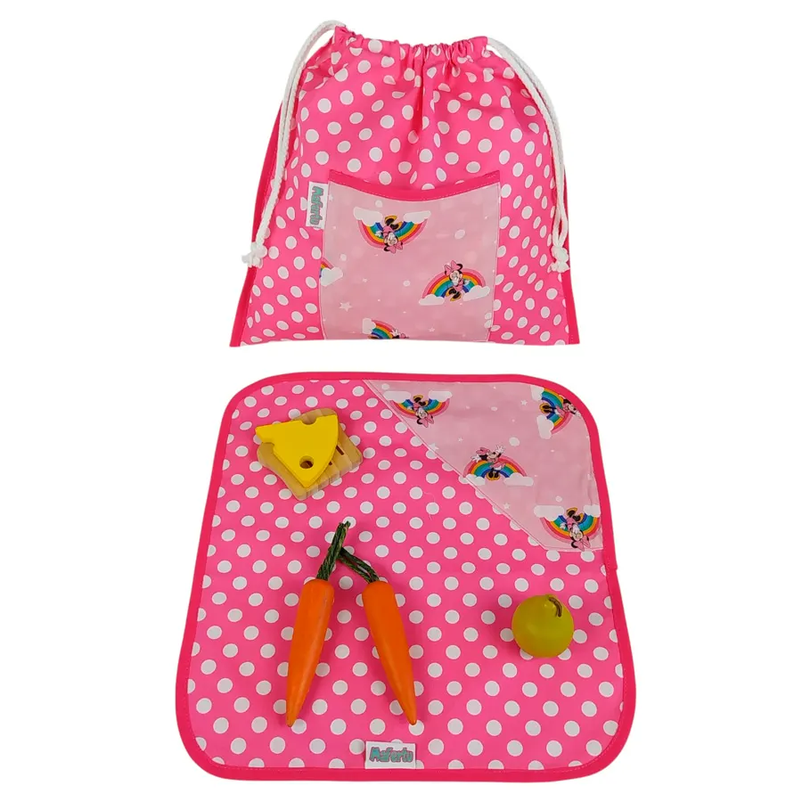 pack para el desayuno en el colegio con bolsa merienda y mantel personalizado Minnie