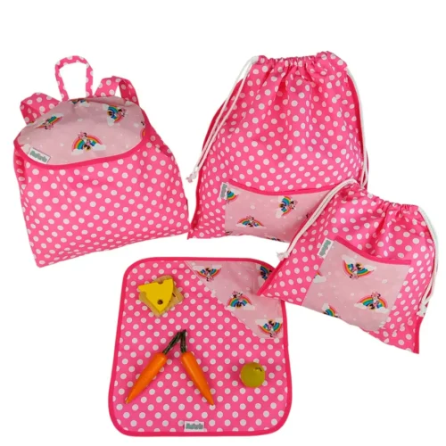 pack escolar personalizado Minnie Mouse y topos fucsia