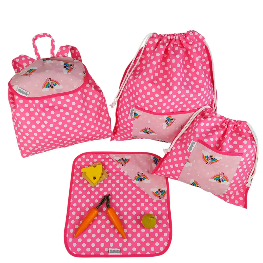 pack escolar personalizado Minnie Mouse y topos fucsia